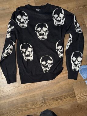 Black Crewneck Sweater with White Skull Motif